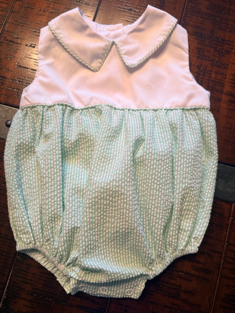 TBBC EUC Toddler Bubble Romper with Peter Pan Collar - Mint Green & White
